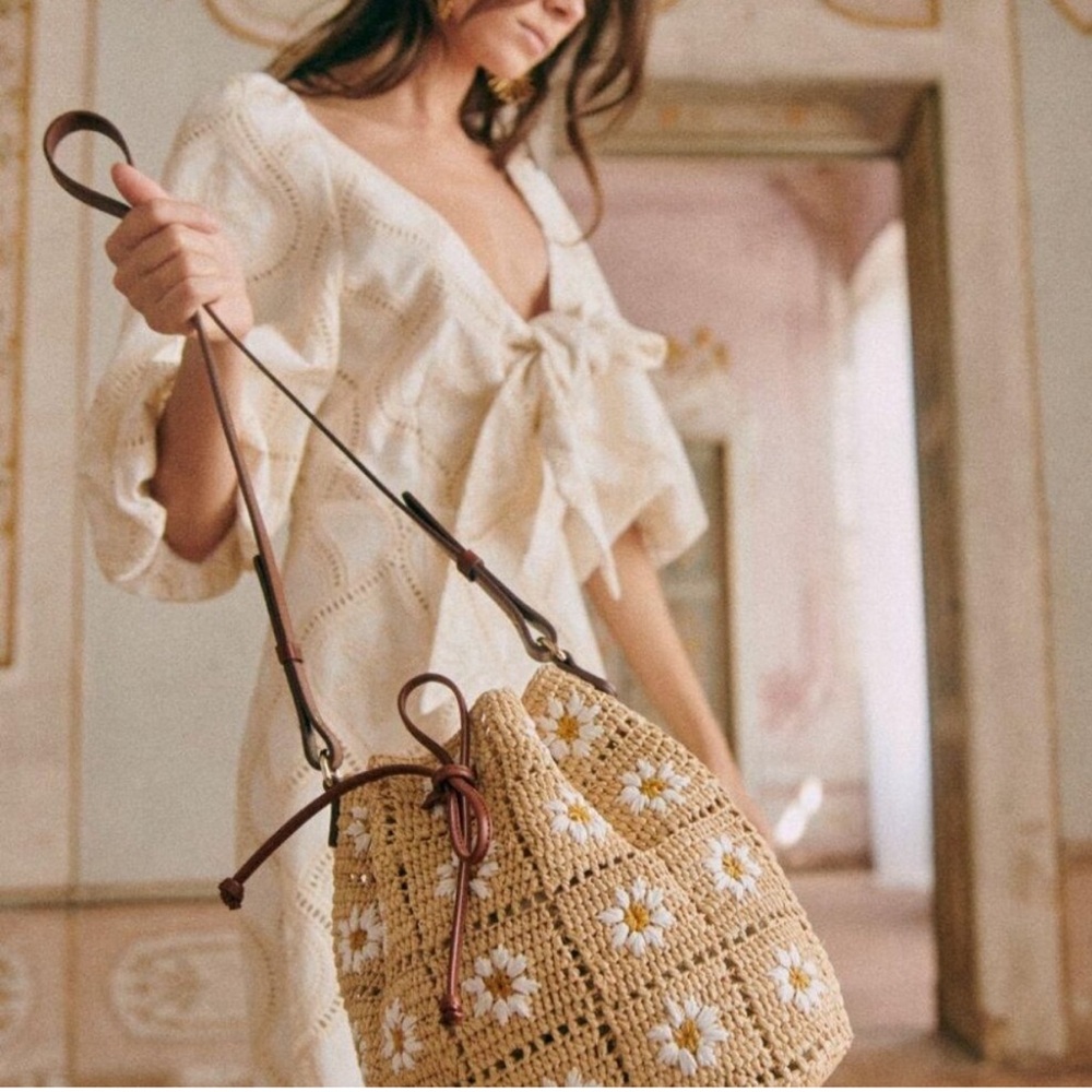 Sezane Raffia Farrow Daisy Embroidered Bag - Picture 2 of 12